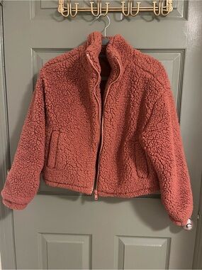 La Hearts Plush Teddy Zip Jacket in Dusty Rose